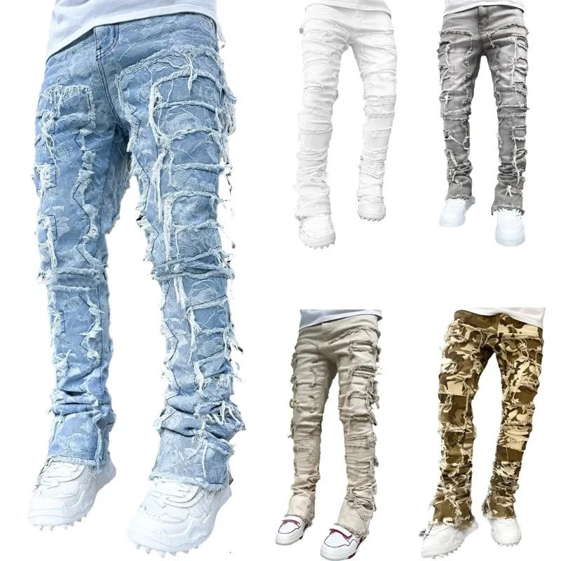 E15E Mens Stacked Jeans Fit Ripped Destroyed Straight Denims Pants Vintage Hip Hop Trouser Streetwear 240415