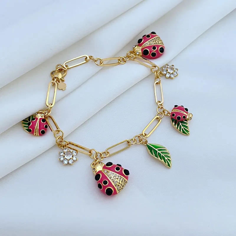 Ladybug Charm Bracelet With Pink Enamel And Zircon Flower Details_voghion.com