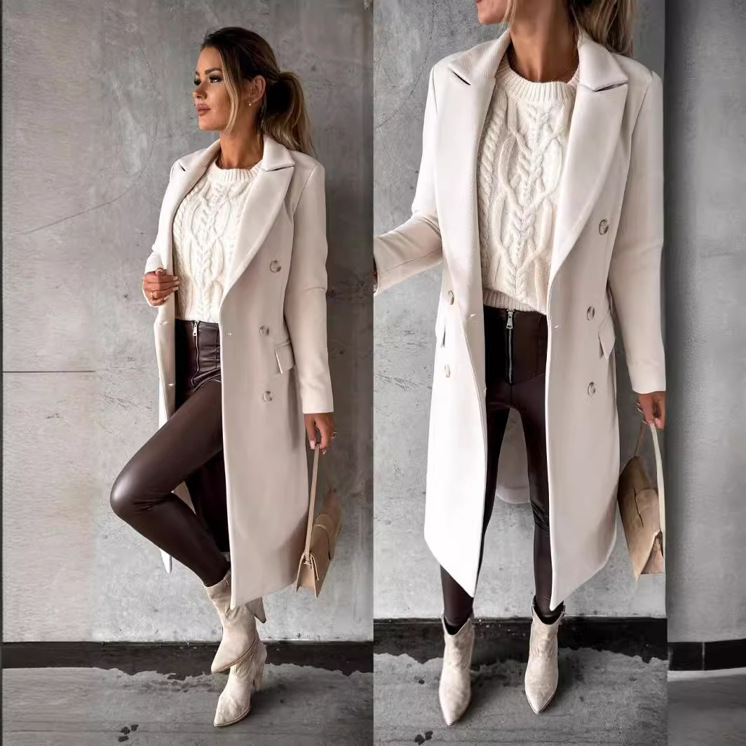 Women's autumn and winter simple long-sleeved double-breasted woolen jacket for women