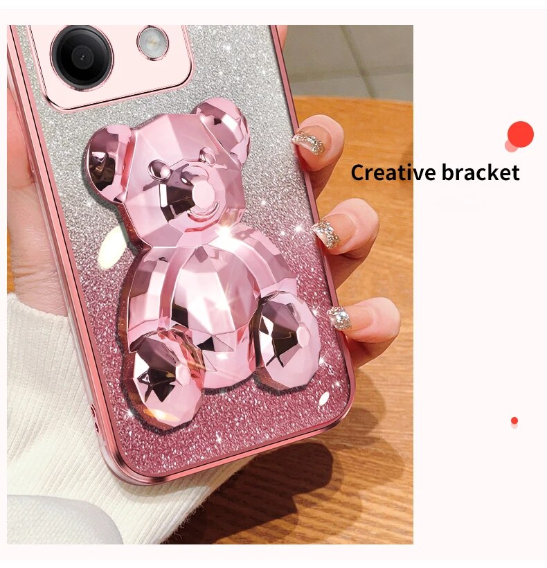 note13 pro Glitter Plating Bear Holder Case On For Xiaomi Redmi Note Pro note13pro redmi 13C 4G 5G Stand Cover note 13_voghion.com