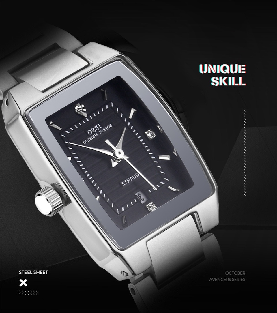 IBSO/Episino Nouvelle montre pour femme avec calendrier à bande carrée en acier de qualité supérieure_voghion.com