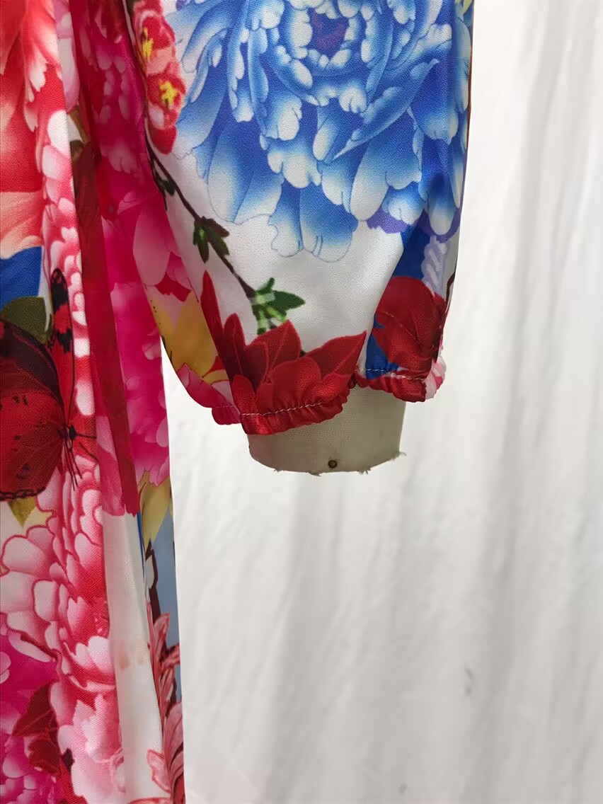 Dress Printed V-neck Retro Long Sleeve Swing Slit Long Dress_voghion.com