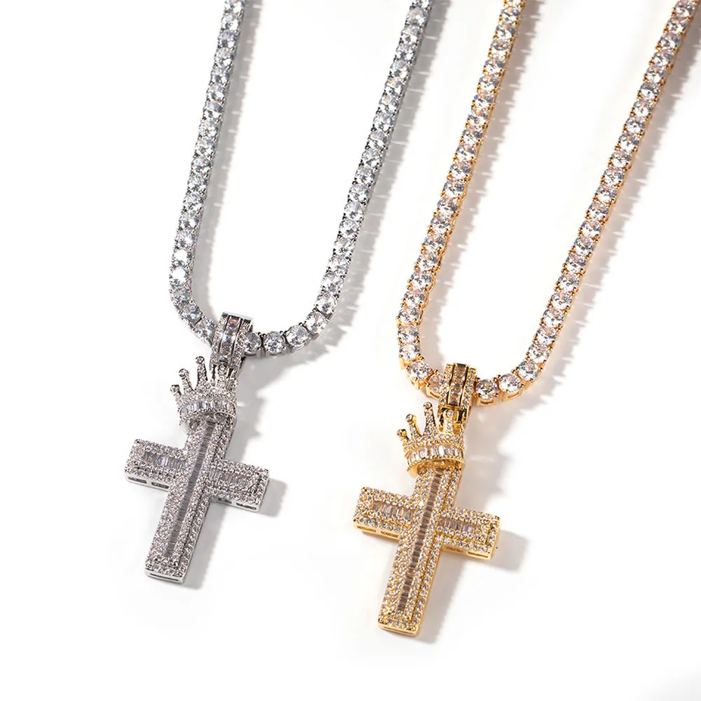 Krone kors anheng halskjede menn Hip Hop punk mote personlighet bred GRA moissanitt diamant gull sterling sier cubansk_voghion.com