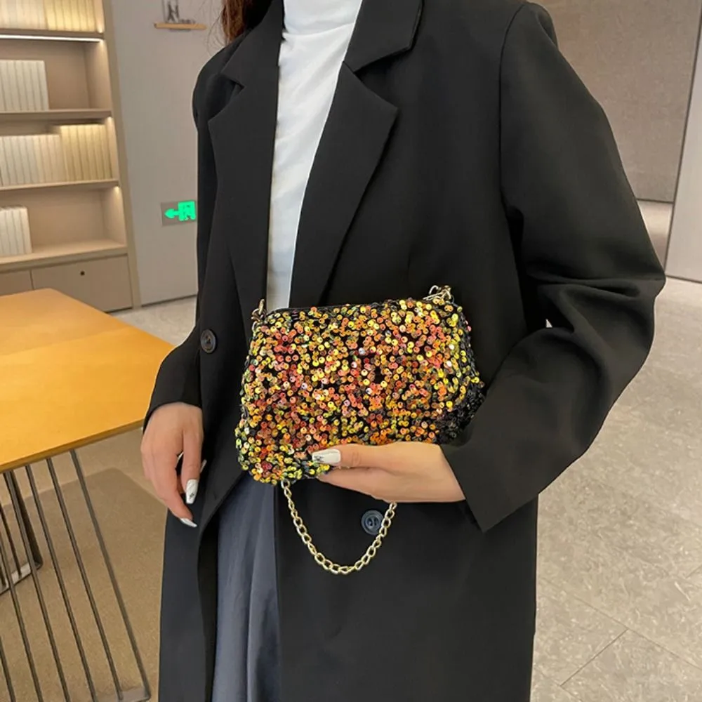 Borsa a tracolla con catena, tinta unita, stile coreano, con paillettes, per telefono, da sera, per cena e feste_voghion.com