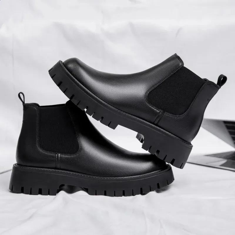 Scarpe da lavoro impermeabili con suola spessa da uomo in stile britannico, moda casual, classiche, in pelle, comode, con punta tonda e punta alta_voghion.com