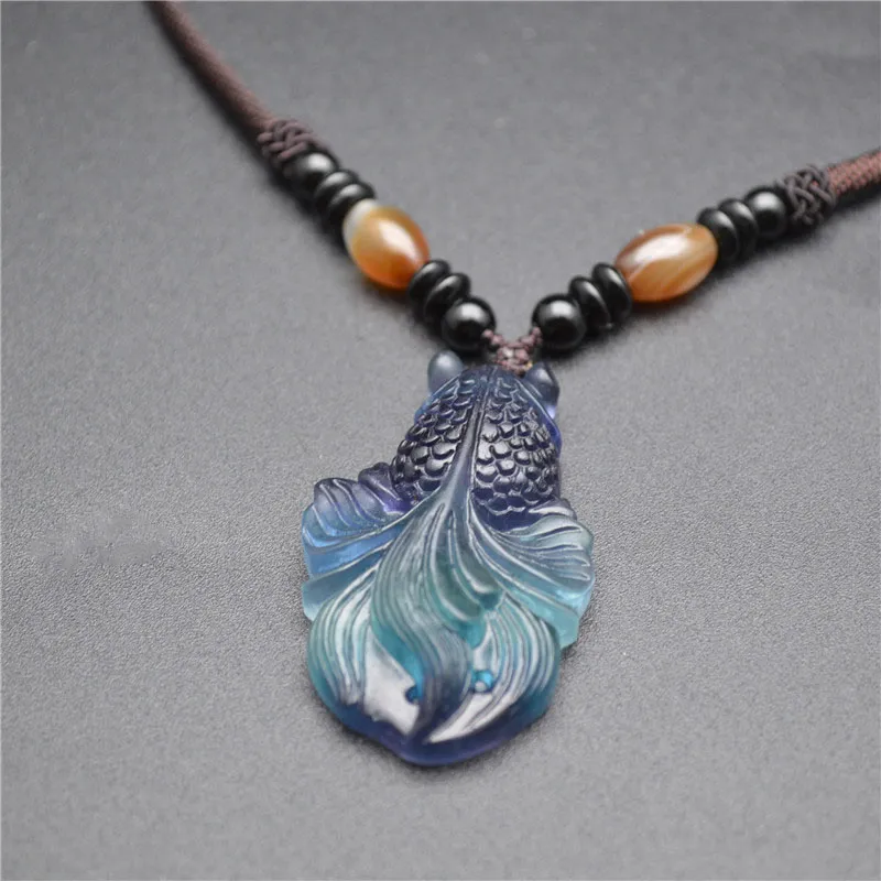 Anhänger Halsketten Schöne hochwertige natürliche bunte Stein Goldfischform Halskette Modeschmuck Frau Mann Party_voghion.com