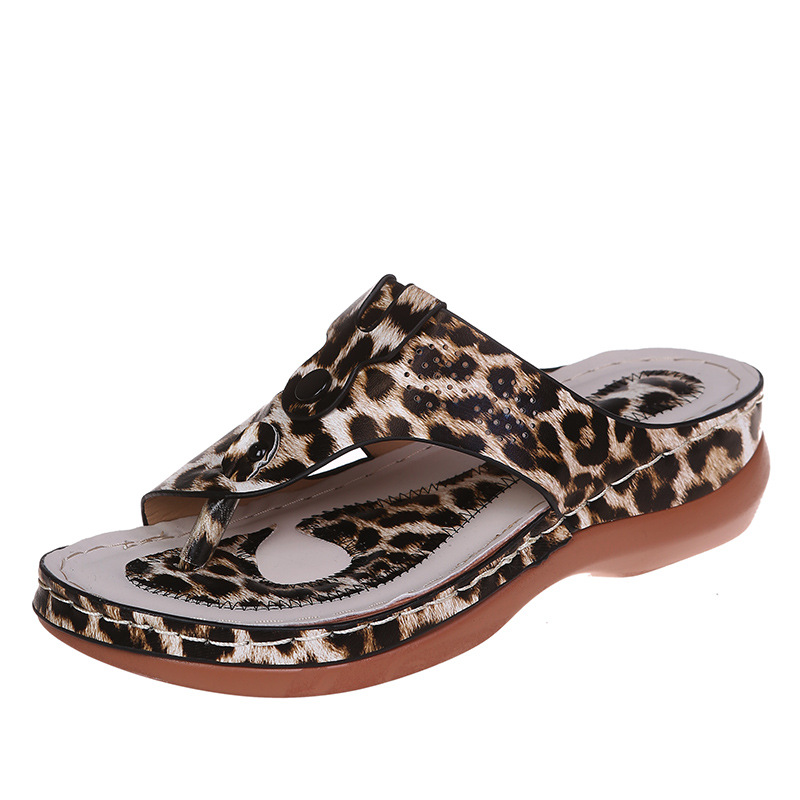 Leopard Print Wedge Sandals For Women With Rivet And Toe Clip_voghion.com