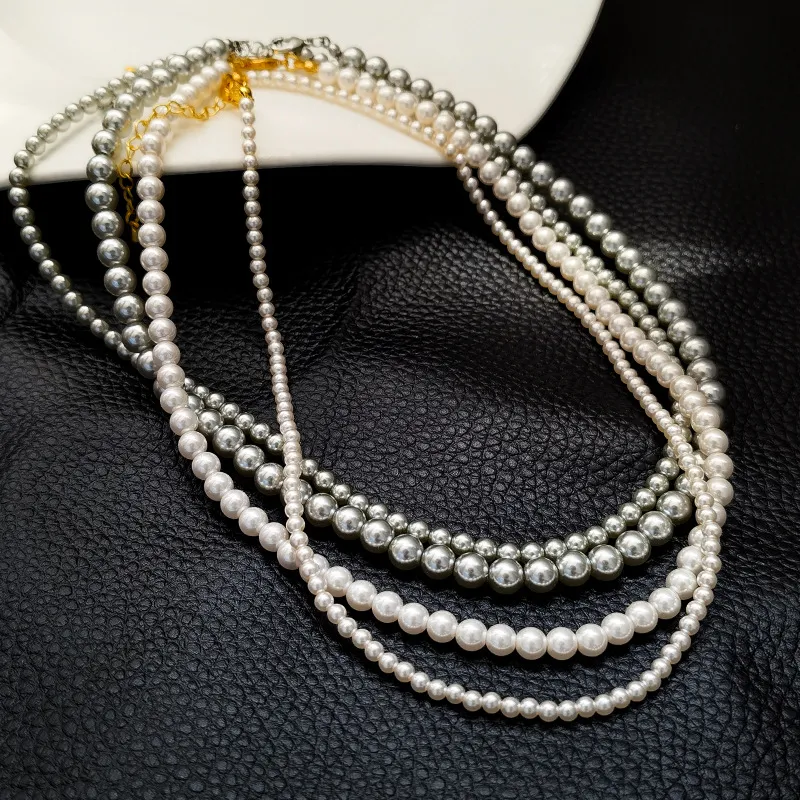 Collier de perles simulées en verre pour femme et fille, bijoux modernes, élégant, tempérament, perles de couleur grise et blanche brillantes_voghion.com