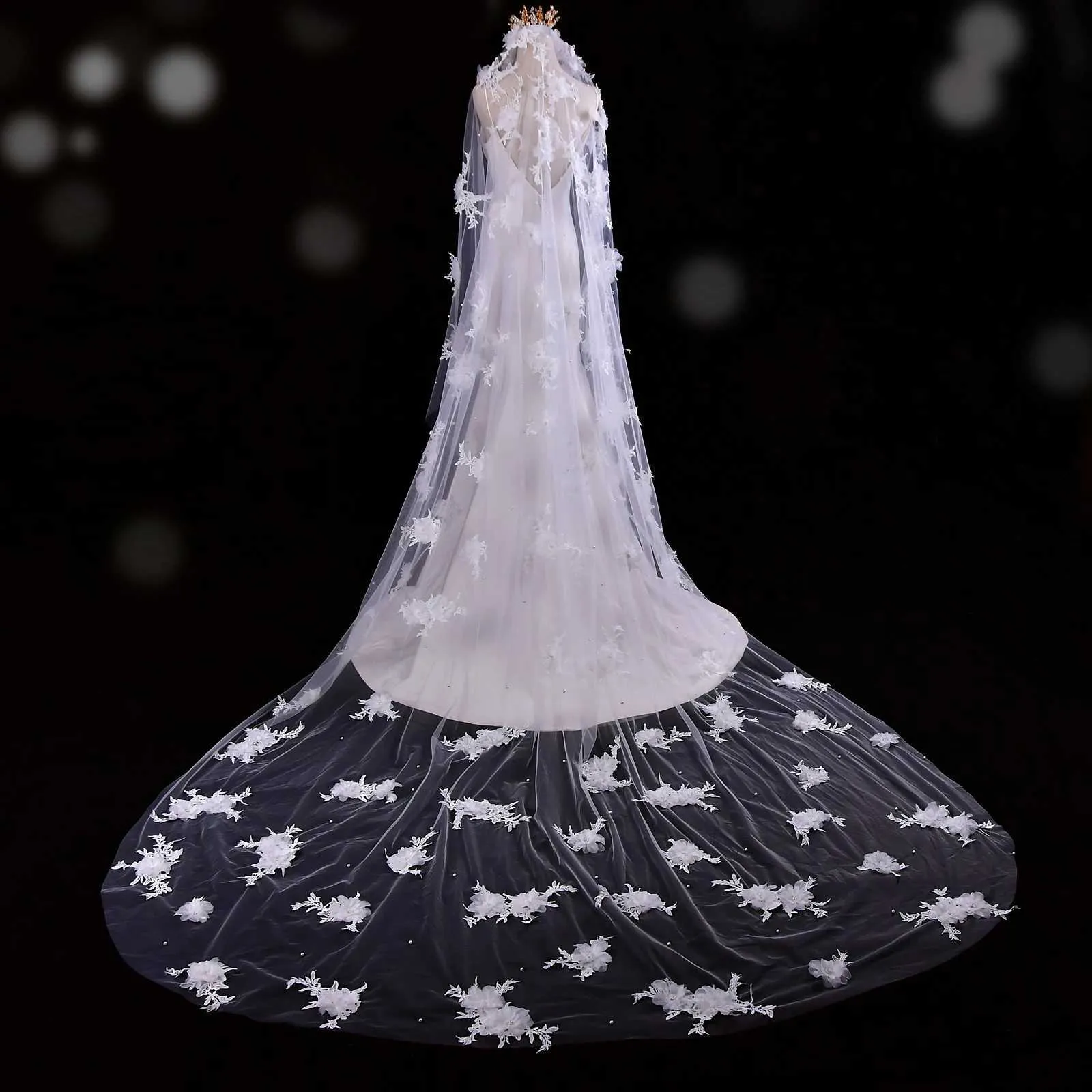 Hair Jewelry Super Pearls Beaded Wedding Veil 3D Flowers Long Cathedral Soft Bridal Illusion With Comb Bride Accessories_voghion.com