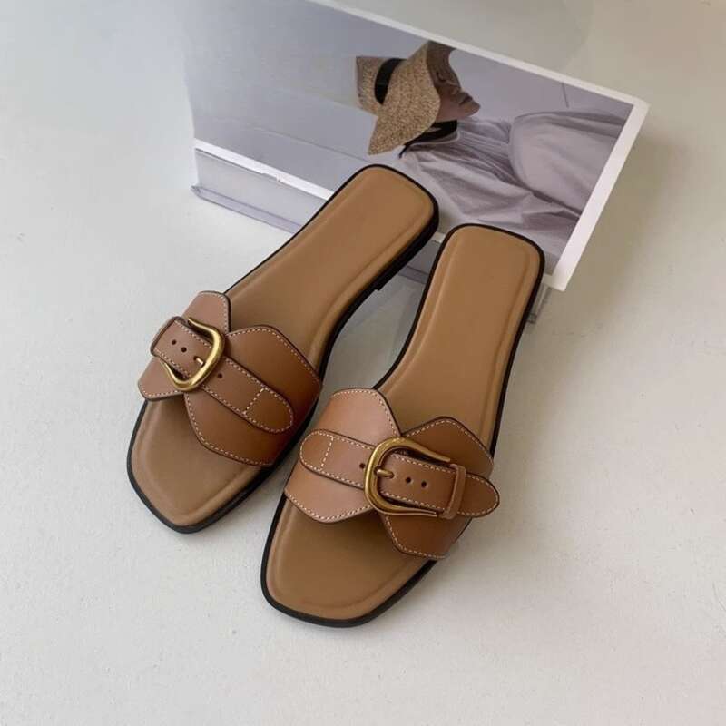 Französische flache Hausschuhe für Damen im Sommer 2024, neue beliebte Sandalen mit Schnalle für Loafer, lässige Strandschuhe_voghion.com