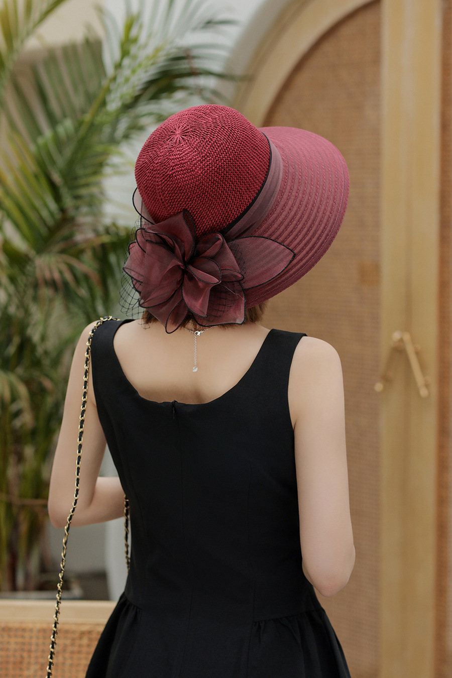 Cappello estivo da donna in organza con tesa larga, motivo patchwork floreale, alla moda, per sole, vacanze e spiaggia_voghion.com