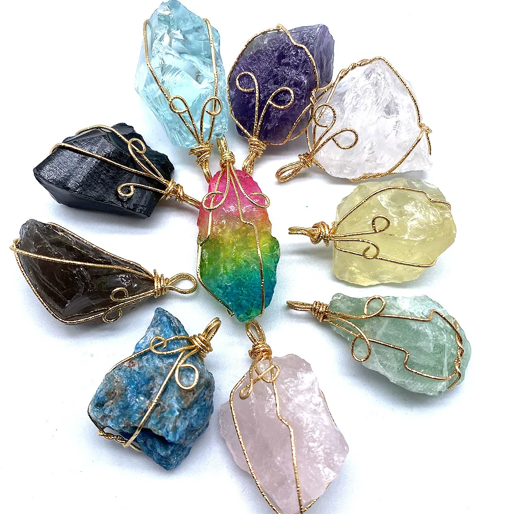 Natural Raw Stone Crystal Pendant Necklace Handmade Wire Wrap_voghion.com