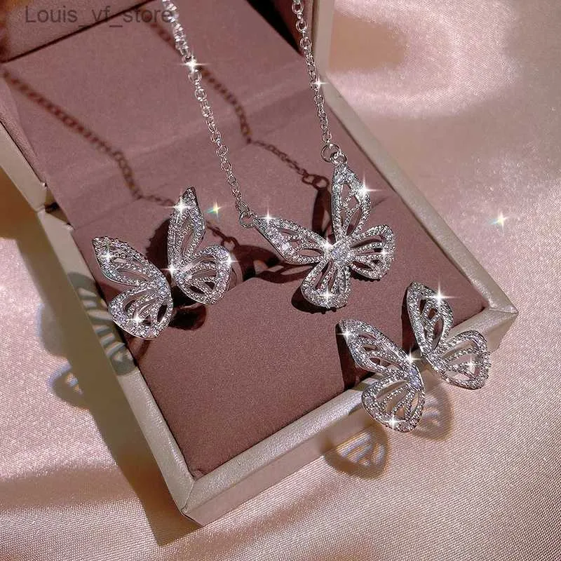 Wedding Jewelry Sets Sier Butterfly Earrings Female Ring Net Red Cold Wind White Zircon Clavicle Chain Short Necklace_voghion.com