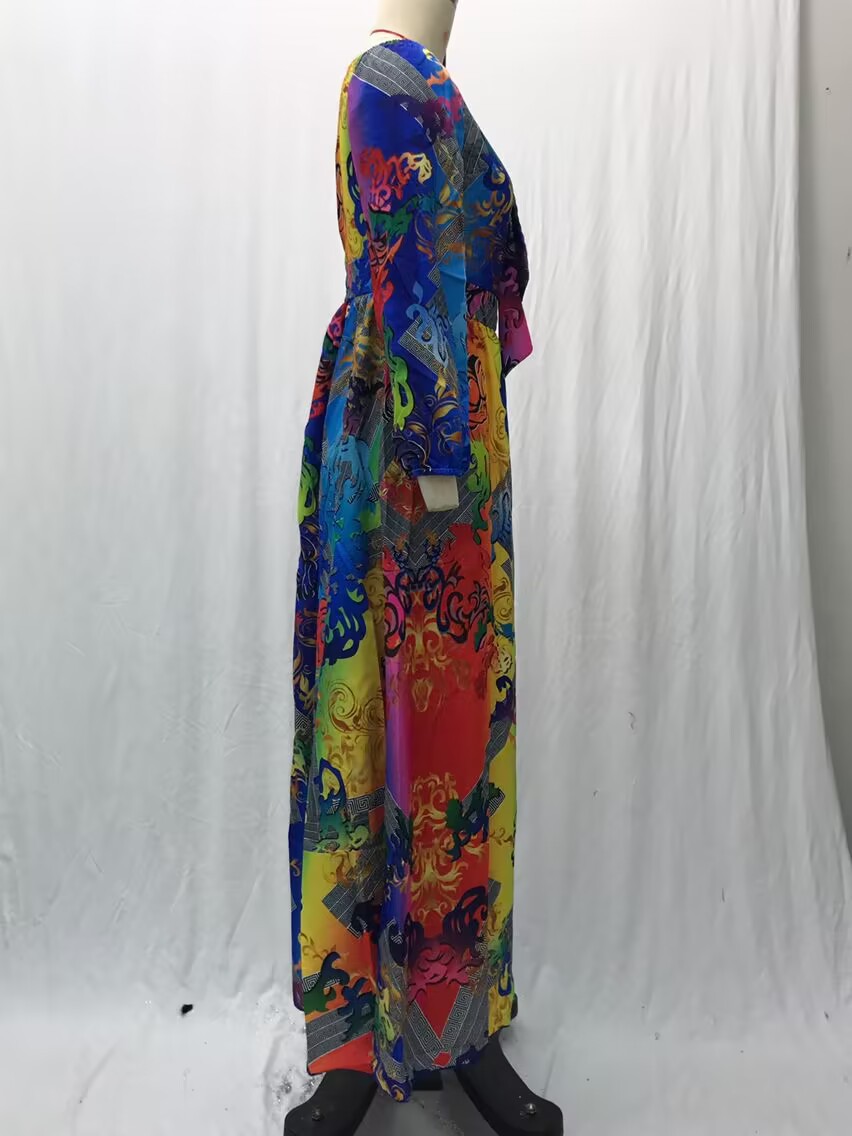 Dress Printed V-neck Retro Long Sleeve Swing Slit Long Dress_voghion.com