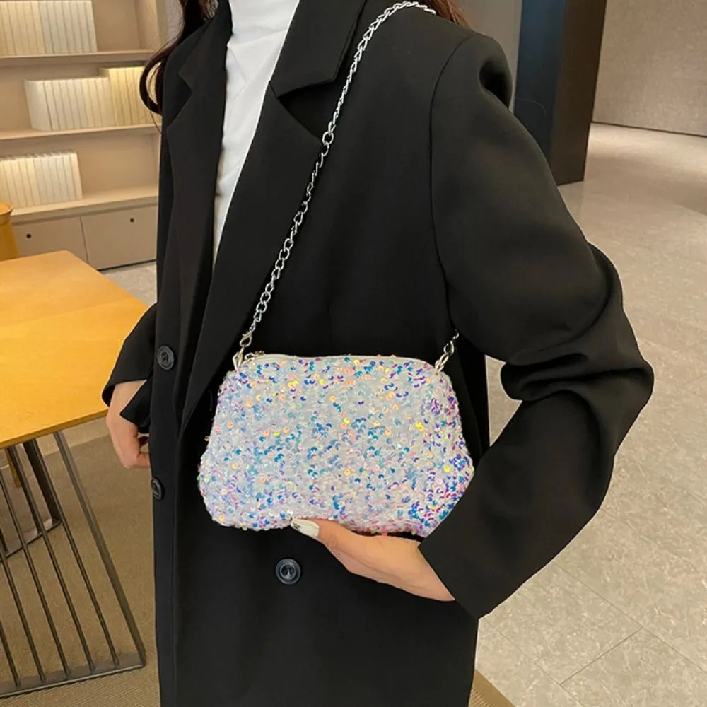Borsa a tracolla con catena, tinta unita, stile coreano, con paillettes, per telefono, da sera, per cena e feste_voghion.com
