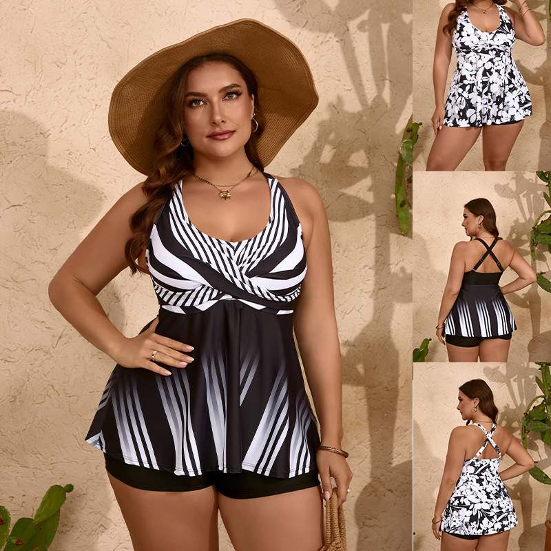 Maillot de bain bikini fendu pour femmes, grande taille, rétro, rayé, floral, taille haute, conservateur, noir et blanc_voghion.com
