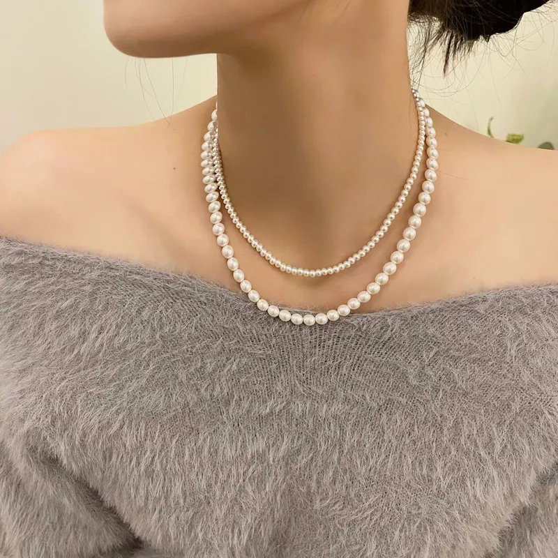 Collier de perles simulées en verre pour femme et fille, bijoux modernes, élégant, tempérament, perles de couleur grise et blanche brillantes_voghion.com
