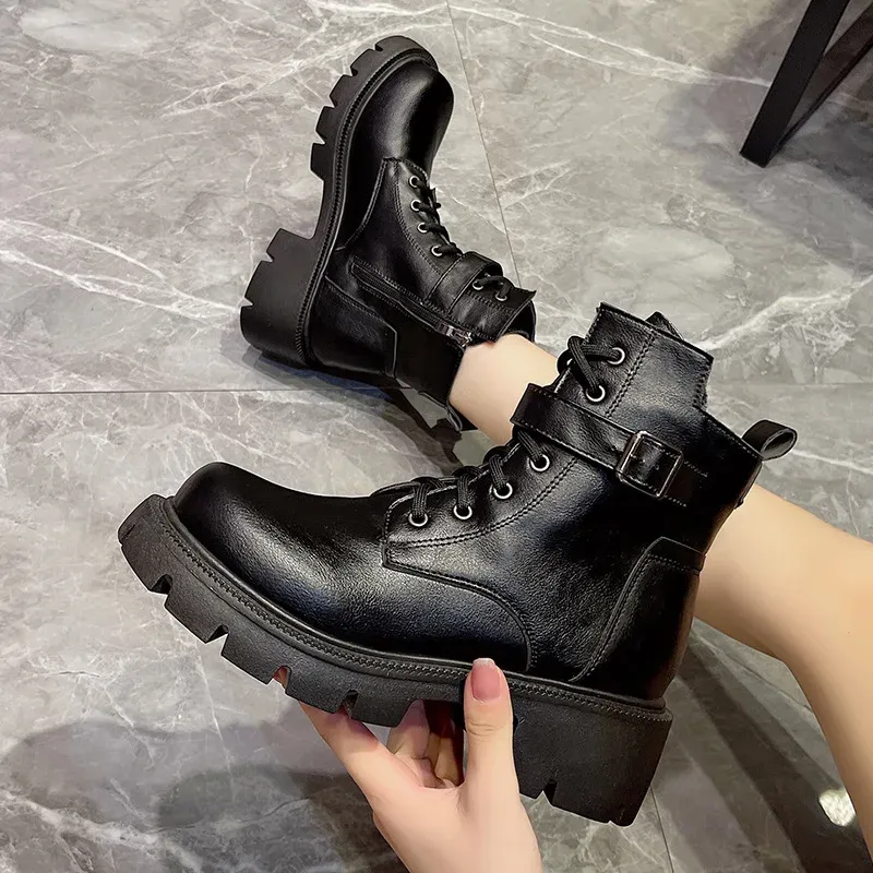 Botas cortas estilo británico para mujer, nuevas, de otoño/invierno, con cordones y cremallera, estilo motociclista, estilo retro, talla 43_voghion.com