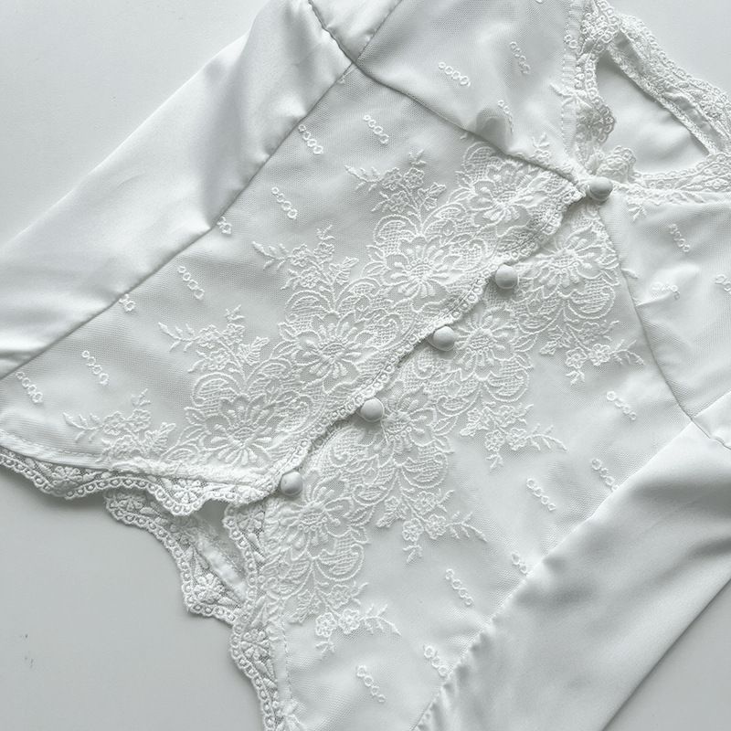 Nouveau haut d'été en satin et dentelle blanche pour femme, coupe slim, petit caraco à boutons, 3403_voghion.com