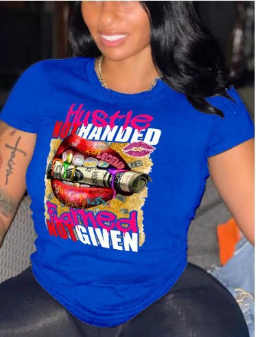 Damen Kurzarm Rundhals weißes Kurzarm T-Shirt Mode Lippen Dollar Druck_voghion.com