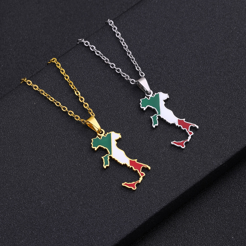 Italian map pendant stainless steel necklace ethnic style female niche design sense light luxury geometric drop oil jewelry
