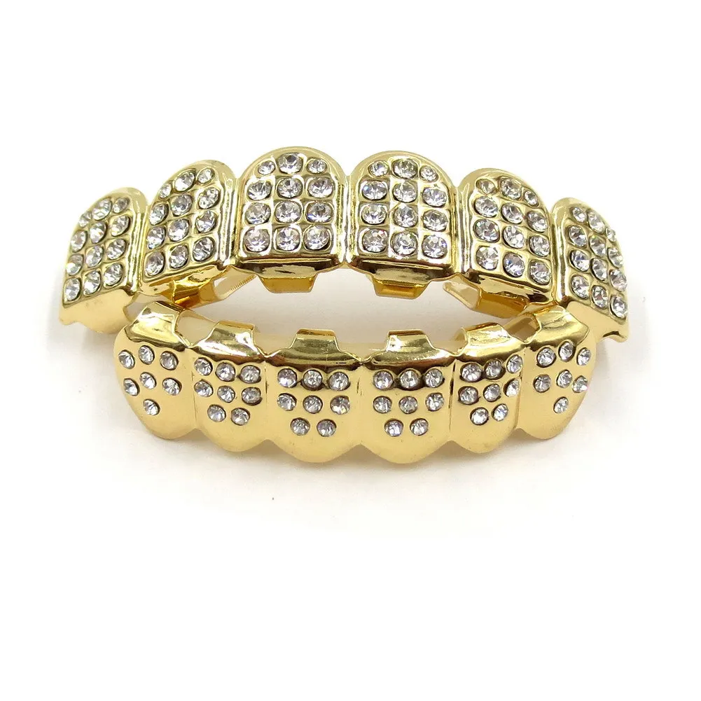 Echtes Gold Vampirzähne Fang Grillz Punk Hip Hop CZ Cubic Zirkon Poker Buchstaben Iced Out Dia Grills Zahnspangen Zahnkappe_voghion.com