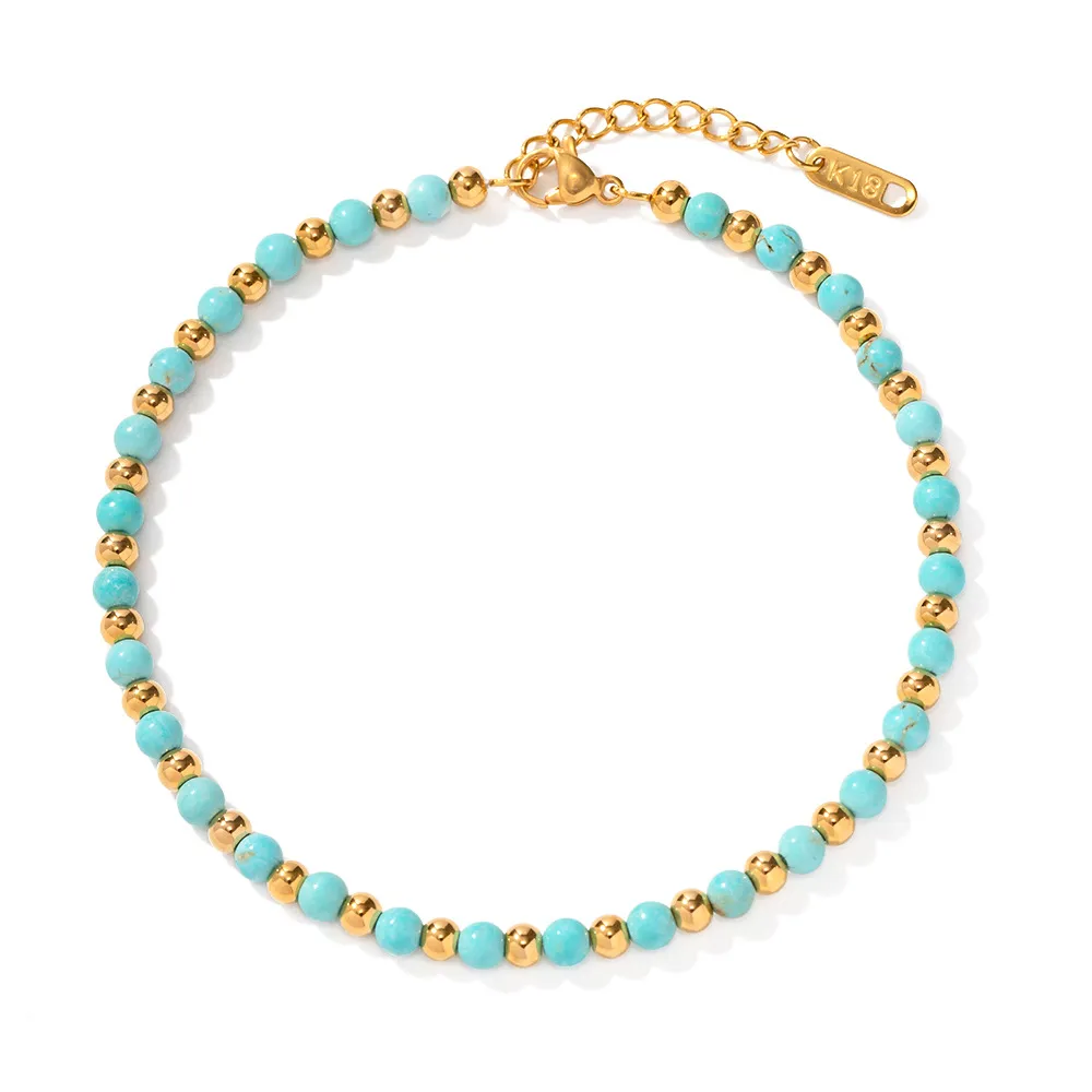Anklets Minar Boho Blue Green Turquoise Natural Stone Strand Beaded Women Gold Plated Stainless Steel Non Tarnish_voghion.com