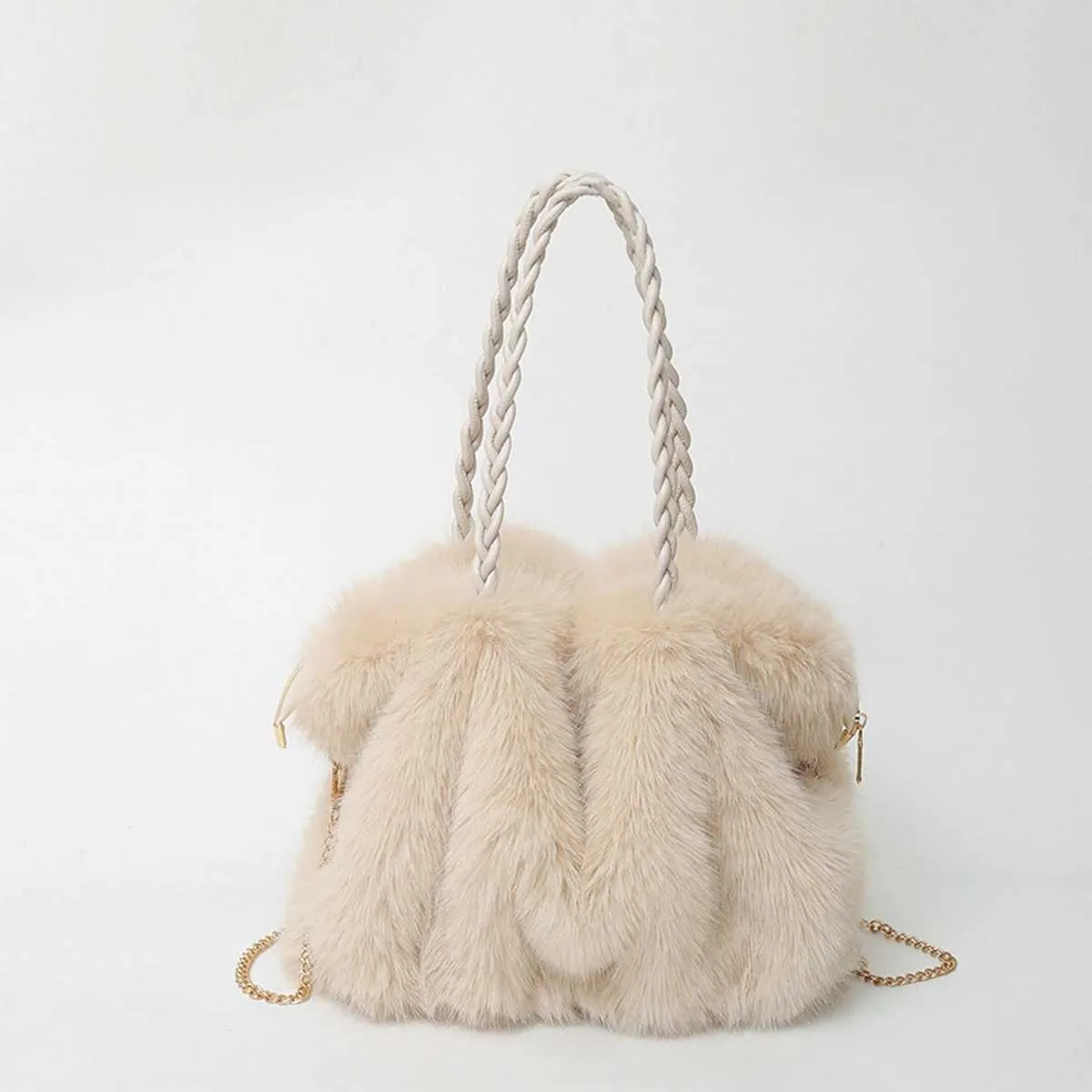 Sac de créateur pour femme en peluche à la mode, grande capacité, haut de gamme, en fourrure de renard plissée, bandoulière avec chaîne en métal_voghion.com