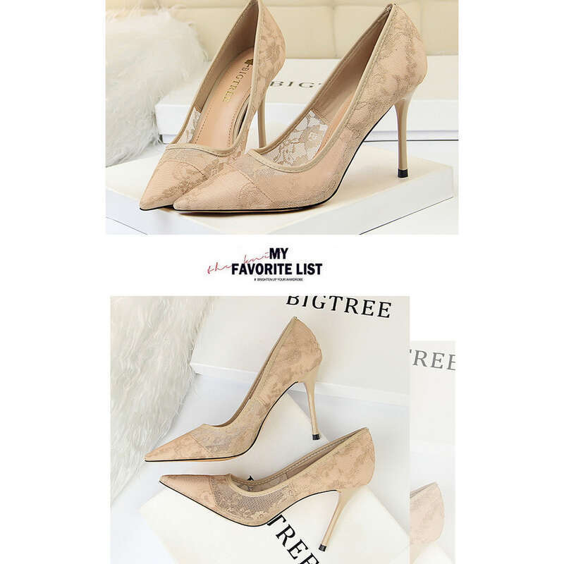 Sexy Shoes Fine High Heeled Shallow Mesh Lace Single Shoes_voghion.com