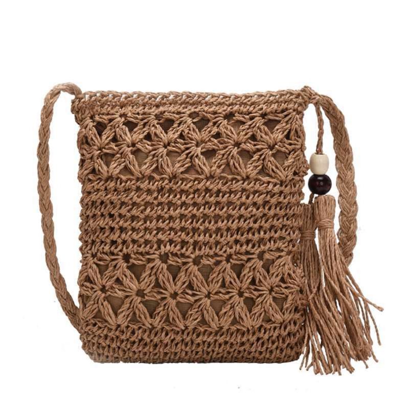 Women Beach Woven Straw Shoulder Messenger Bag with Tassel Boho Hollow Out Crochet Crossbody Handbag rame Purse_voghion.com