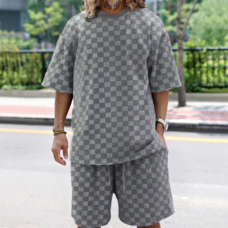 Trendy Men's Jacquard Checkerboard Pattern Spring Summer Loose Sports And Leisure Two-piece Set For Men_voghion.com
