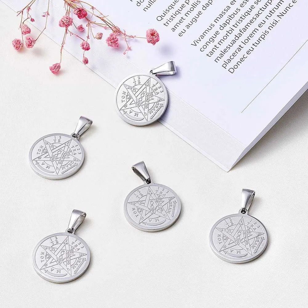 Lot de 10 pendentifs Wiccan en acier inoxydable 304, ronds et plats, sculptés, tétragramme, pentagramme, classique, 27 x 24 x 2 mm, trou : 9 x 5 mm, G0927_voghion.com