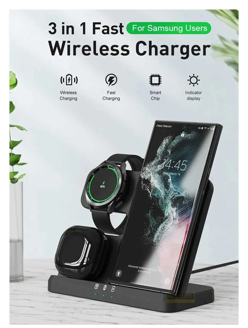 15W 3-in-1 Station Suitable For S23 S22 IPhone 15 14 13 Galaxy Watch 4 3 Earphones 2 Fast Wireless Charger Y241118_voghion.com