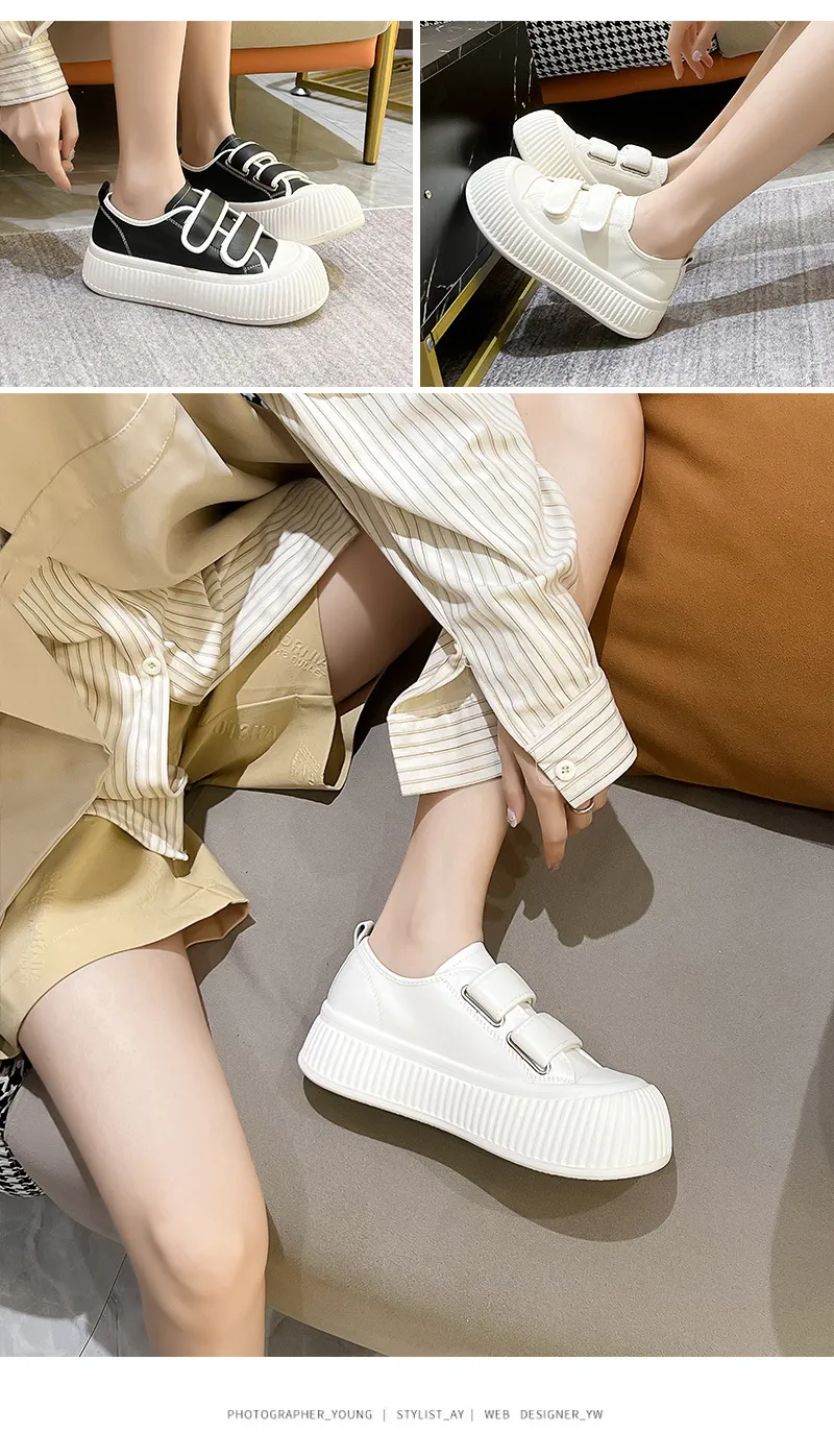 Ugly Cute Velcro Big Head Genuine Leather Thick Sole Biscuit Fashionable And Versatile Casual Women Shoes_voghion.com