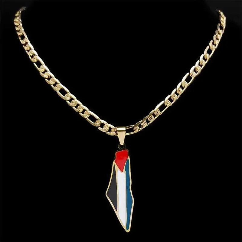 Palestine Map Flag Pendant Necklace Stainless Steel Gold Plated_voghion.com