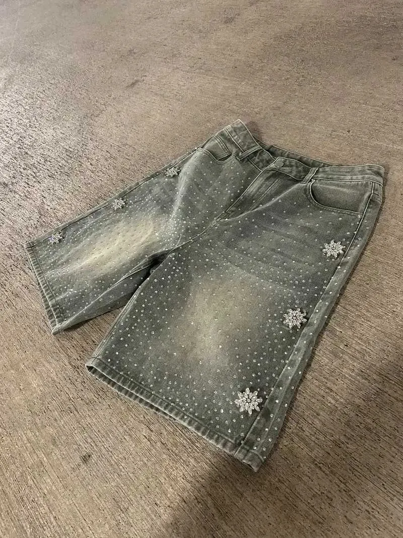 Vintage Astro Snowflake Rhinestone Denim Zwarte Baggy Gym Y2K Jeans Heren Dames Haruku Hip Hop Lage Taille Shorts X250403_voghion.com