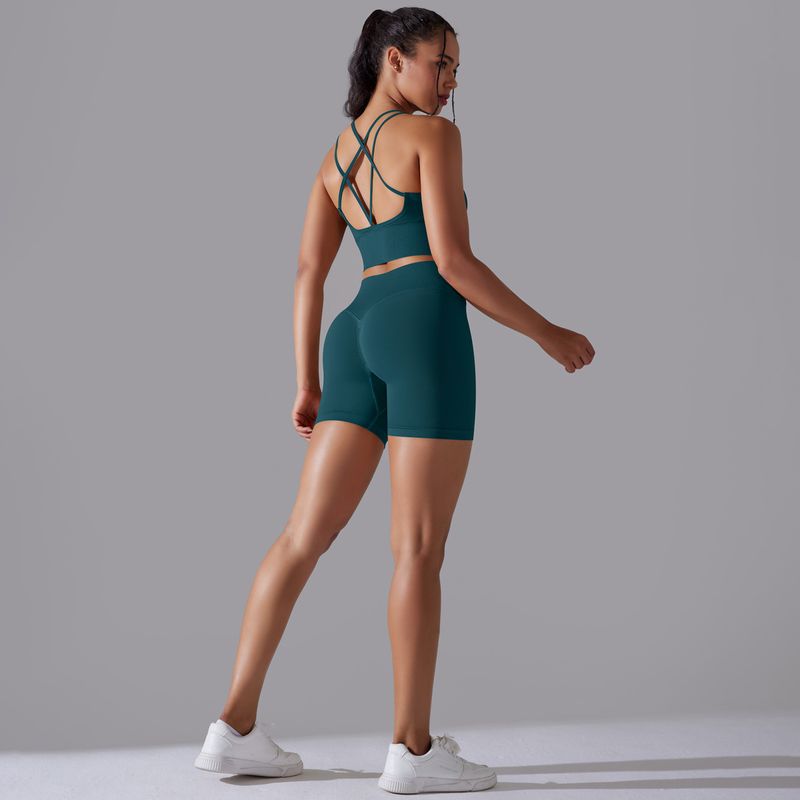 Completo da due pezzi per donna, in maglia senza cuciture, tinta unita, elastico alto, aderente, per yoga e corsa Fiess_voghion.com