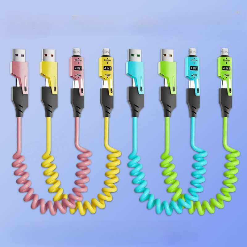 65W brzi teleskopski podatkovni kabel s oprugom četiri u jednom, pogodan za punjenje iPhonea putem Ty-C na dva konektora_voghion.com
