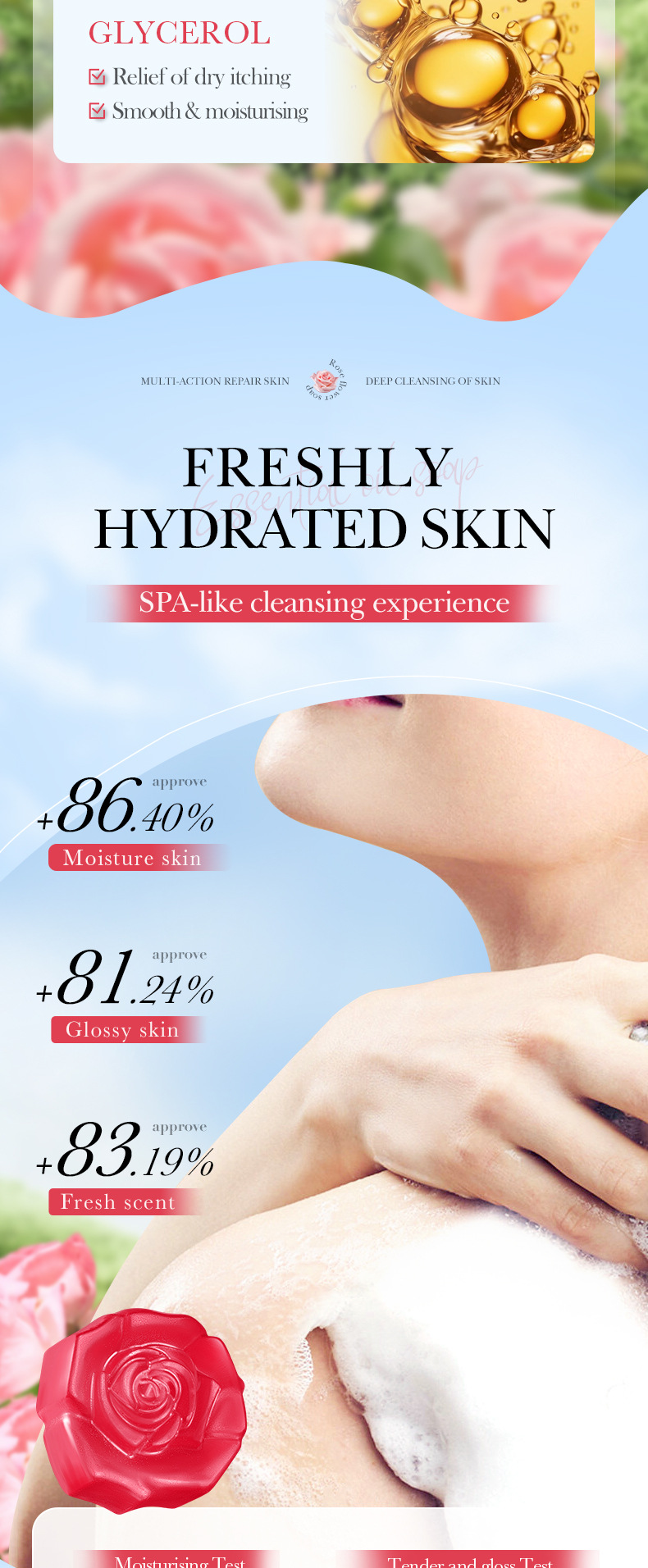 Savon nettoyant pour le corps fait main à l'huile essentielle de rose, gamme complète_voghion.com