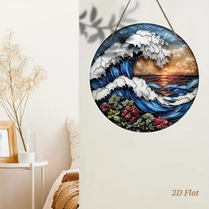 7.9in Ocean Wave Wooden Wall Art - Sunset & Floral Laser-Cut Design For Living Room & Office - Nautical Christmas/Birthday Gift_voghion.com