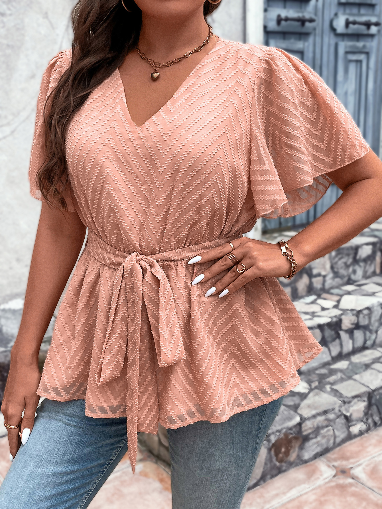 Women's cover belly new summer loose large size temperament V-neck top half short sleeve_voghion.com