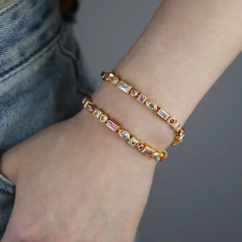 Catene arcobaleno geometrico varie forme zirconia cubica tennis catena girocollo collana castone smalto moda donna_voghion.com