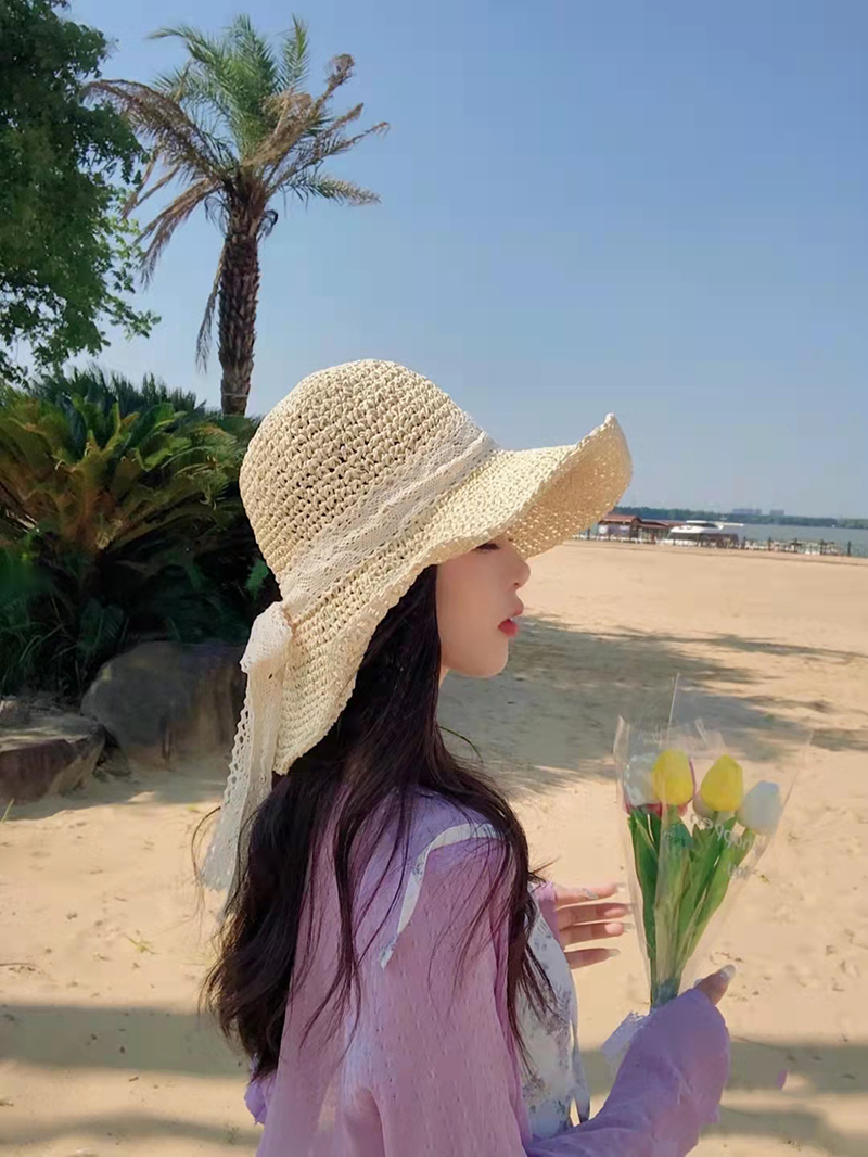 Lafite da donna, cappello da pescatore estivo con protezione solare flat top, foto da spiaggia, cappello in paglia intrecciata_voghion.com