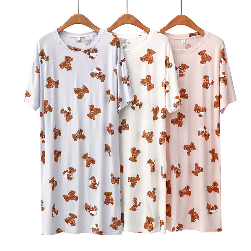  Women's Sleepwears Modal nightdress Cartoon Bear bath towel crew-neck mid-skirt cute dress_voghion.com