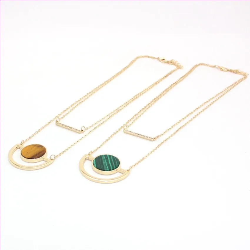 Colliers pendentifs FYJS Collier chaîne à maillons en pierre œil de tigre ronde en alliage de couleur or jaune clair unique collier malachite_voghion.com