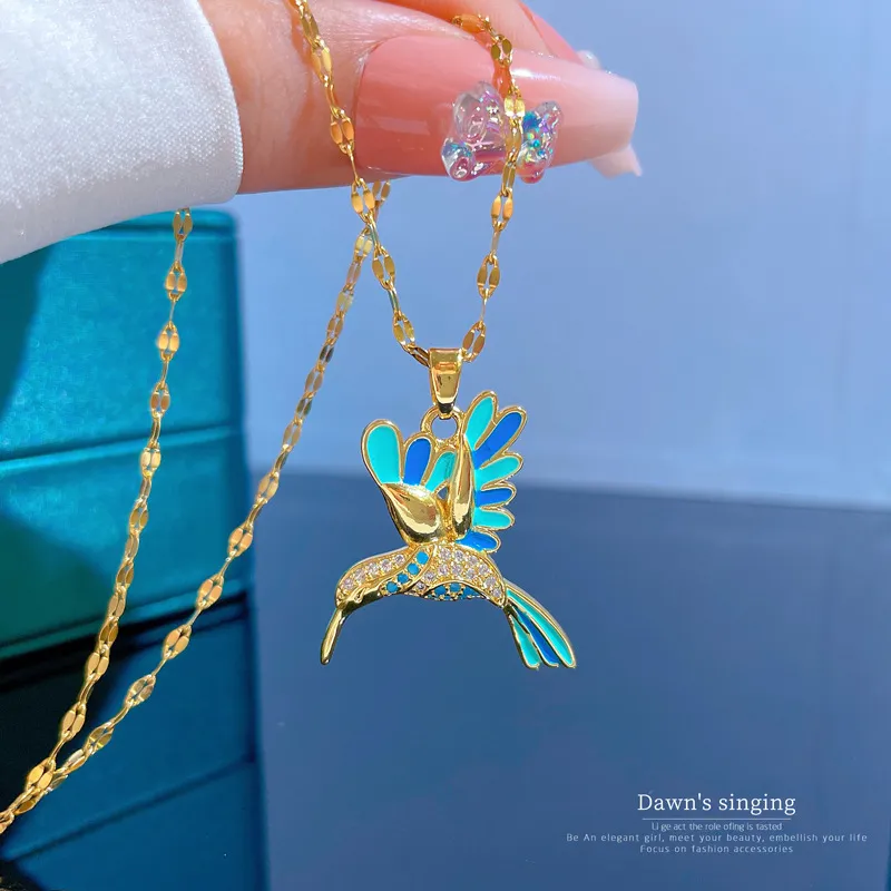 Catene di cristallo colibrì collane per le donne gioielli di moda color oro smaltato uccelli animali ciondolo choker collares_voghion.com