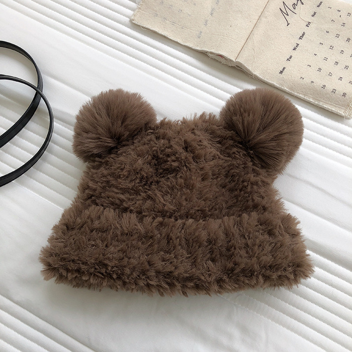 Autumn and Winter Cute Little Bear Plush Ear Protection for Children's Versatile Warmth Double Hair Ball Knitted Hat_voghion.com