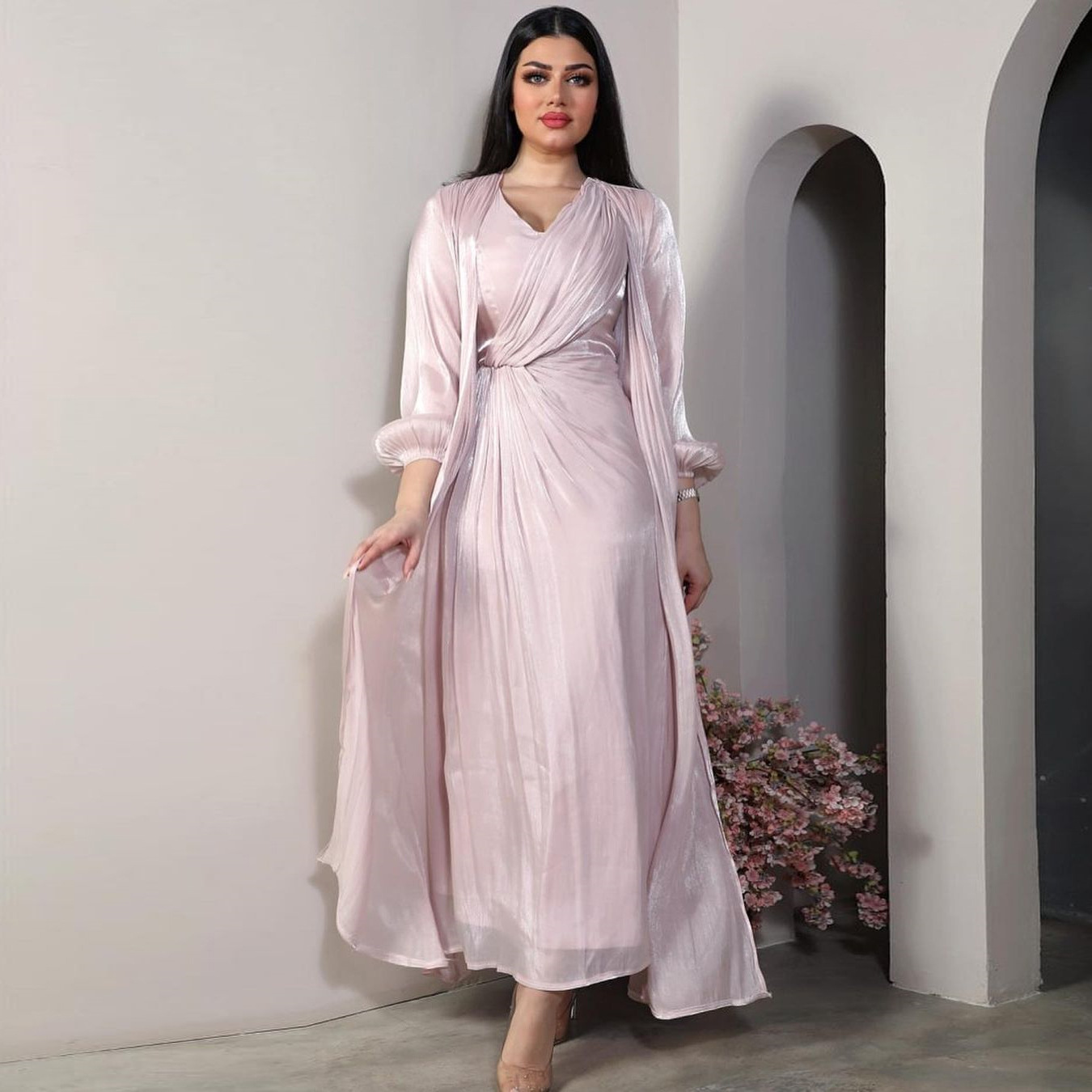 Robe en soie brillante Robe Mode Abaya Doux Costume Deux Pièces Musulman