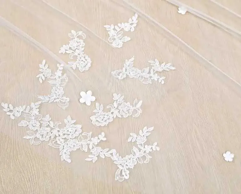 Hair Jewelry Scattered Veil CathedralLace Applique Wedding VeilsIvory Cathedral VeilWhite Chapel Bridal Mantilla Lace_voghion.com