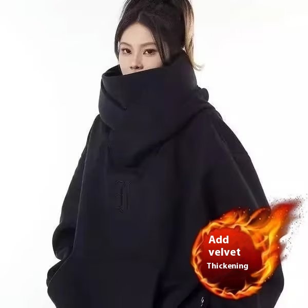 High Street Vibe Amerikansk vinterfunktionell tröja för män, sammet, förtjockad, trendig märkesjacka med överdimensionerad stor hatt_voghion.com